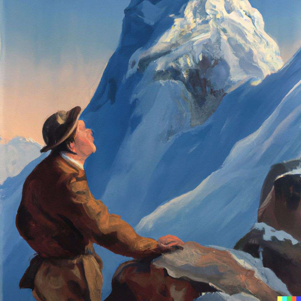 someone gazing at Mount Everest, painting by Gil Elvgren